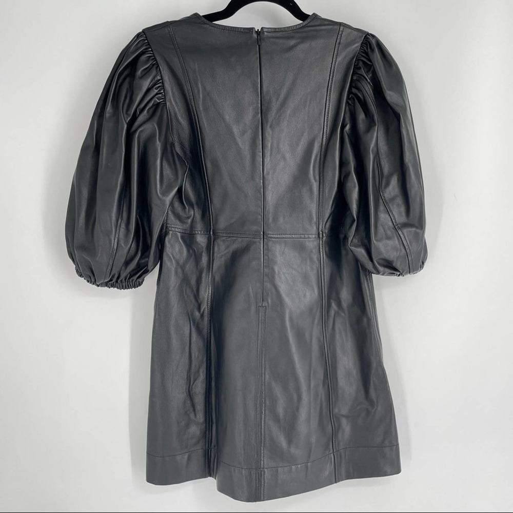Ganni Puff Sleeve V Neck 100% Lamb Leather Dress - Picture 5 of 13